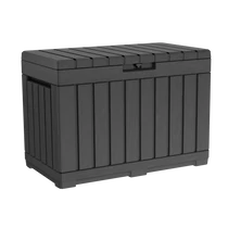 Fekete műanyag kerti tároló láda, 190 literes kapacitással, két fő részére ülőhelyként is használható, eső- és UV-álló, könnyen tisztítható, modern dizájnnal. Fehér háttéren fotózva.