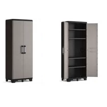 Fekete és szürke színű KETER 'PRO' magasszekrény, fém-erősítésű polcokkal, alumínium fogantyúkkal, zárható ajtókkal. Az üres belső tér 4 állítható polcot kínál, hátul középen 2 lábbal stabilizálva.