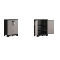 KETER 'PRO' ALACSONY SZEKRÉNY fekete és szürke színben, zárható ajtókkal és három állítható polccal. A fémrúddal megerősített stabilitás, valamint alumínium fogantyúk jellemzik a professzionális megjelenés érdekében.