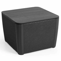 Fekete műanyag kerti asztal, modern design mellett beépített tárolóval, időjárásálló felülettel. Szilárd szerkezete és könnyű tisztíthatósága ideálissá teszi teraszon vagy kertben való használatra.