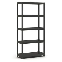Fekete műanyag polcrendszer öt polccal, alkalmas tárolásra garázsokban vagy pincékben. Strapabíró, könnyen tisztítható, szerszámok nélkül gyorsan összeszerelhető. Ideális nagyobb tárgyak tárolására, belső használatra.