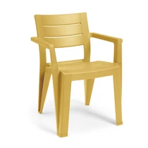 Sárga kartámaszos műanyag kerti szék, letisztult dizájnnal és ergonomikus kialakítással. Egymásra rakható, könnyen tisztítható felülettel, időjárásálló, beltéri és kültéri használatra egyaránt. Fehér háttéren fotózva.