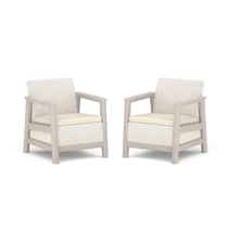 Lágy bézs SCANDI Linea kerti fotelszett két karosszékkel fehér háttér előtt. A kép a fotel páros formáját és letisztult, modern kialakítását mutatja termékfotóként.