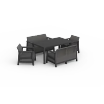 SCANDI Linea Fiesta kerti bútor szett grafit színben: két kétszemélyes kanapé, két fotel és egy étkezőasztal, stúdió hátteren.