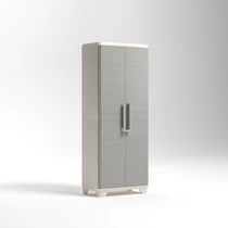 KETER 'LINEAR WOOD TALL' műanyag szekrény világos bézs/sárga színben, modern dizájnnal és természetes fa hatással. Állítható polcokkal és zárható fogantyúkkal rendelkezik, beltéri és kültéri használatra egyaránt alkalmas. Fehér