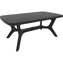 Fekete, műanyag kerti asztal, elegáns, klasszikus kialakítással és időjárásálló felülettel. Ideális családi összejövetelekhez, könnyen tisztítható, 177 x 100 x 71 cm méretű, fehér háttéren fotózva.