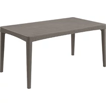 GIRONA spagetti hatású műrattan kerti asztal, időjárásálló kialakítással, lekerekített szövésű mintázattal, 160 x 90 x 74 cm méretben. Könnyen tisztítható, szürke színű. Fehér háttéren fotózva.