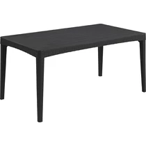 Fekete, műrattan kertasztal, lekerekített szövésű mintával, 160 cm hosszú és 90 cm széles, időjárásálló, könnyen tisztítható felülettel. Ideális kültéri használatra.