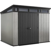 Műanyag, modern megjelenésű kerti ház, fekete és szürke színben, nagy üvegablakokkal, széles ajtókkal. Tágas belső tér, ideális barkácsoláshoz vagy tároláshoz, stabil és időjárásálló felépítéssel.