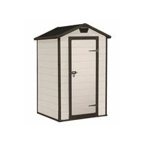 MANOR 4X3 műanyag kerti ház, fa hatású műanyag oldalfalakkal és sötétbarna kerettel, vízálló tetővel. A szerszámos ház egyszerű, letisztult dizájnú, ideális tárolási megoldás kinti használatra.