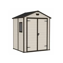 MANOR 6x5 DD műanyag szerszámos ház bézs színben, fa panelek hatását keltő oldalfalakkal, zárható ajtókkal és szellőzőrésszel. Kerti használatra tervezve, időjárásálló és karbantartásmentes kialakítással.