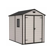 MANOR 6x8 DD műanyag szerszámos ház, világos színű fa hatású oldalfalakkal és fekete tetővel. Szellőzőréssel ellátott, időjárásálló konstrukció, ideális kerti tárolásra. Fehér háttéren fotózva.