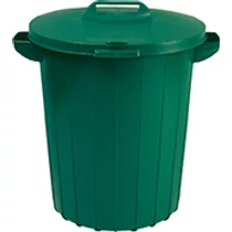 Zöld, műanyag kültéri szemetes 90 literes kapacitással, megerősített fogantyúkkal, időjárásálló és könnyen tisztítható felülettel, fehér háttéren fotózva.