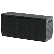 Fekete műrattan kerti tároló, 305 literes kapacitással, időjárásálló és könnyen tisztítható, modern fonott mintával. Kerti szerszámok és játékok biztonságos tárolására ideális. Fehér háttéren fotózva.