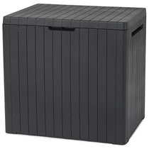 Fekete műanyag kerti tároló 113 literes kapacitással, időjárásálló és könnyen tisztítható. Kívül sima felület, fülek a könnyű mozgathatóság érdekében. Ideális párnák, cipők és játékok tárolására.