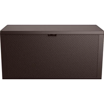 270 literes, sötétbarna műanyag kerti tároló láda, egyszerű formával és mintázott felülettel. Az időjárásálló tároló ideális kerti eszközök, párnák vagy játékok tárolására. Fehér háttéren fotózva.