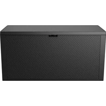 270 literes, fekete műanyag kerti tároló láda, egyszerű formával és texturált felülettel. Ideális kerti eszközök, párnák vagy játékok tárolására. Könnyen tisztítható, időjárásálló, teraszon vagy kertben használható.