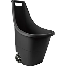 Fekete műanyag kerti talicska, 50 literes kapacitással, ergonomikus forma és görgők a könnyű mozgatás érdekében. Ideális kerti munkákhoz és otthoni használatra, sima felületen.