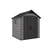 Könnyű, műanyag PREMIER 757 kerti ház, dupla falú, időjárásálló kialakítással. Szürke és fekete színben, masszív padlóval, tetőablakkal a természetes világításért, elegáns dizájnnal. Fehér háttér előtt bemutatva.