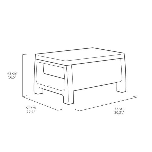 Műrattan kávézóasztal, 77 cm széles, 57 cm mély és 42 cm magas, letisztult formával és ergonómikus vonalvezetéssel, kültéri használatra is alkalmas. Könnyen tisztítható és időjárásálló.