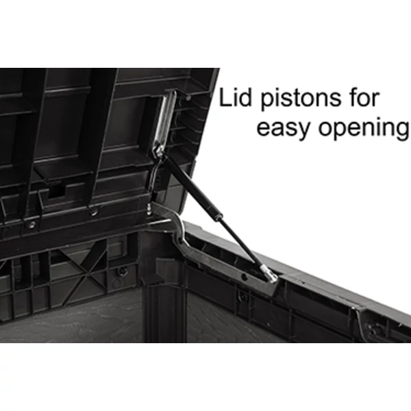 Cortina műanyag kerti láda részletfotója, amelyen a zárható fedél hidraulikus teleszkópjai láthatók. A fekete, időjárásálló tárolóeszköz tartós és könnyen nyitható, ideális kültéri használatra.