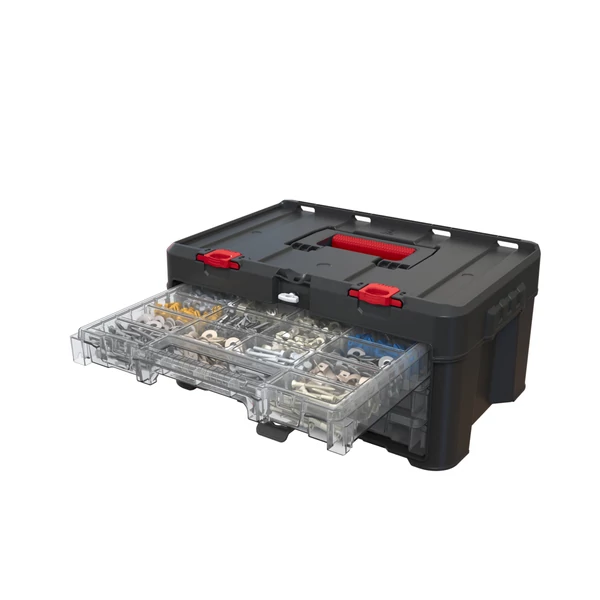 Fekete, műanyagból készült KETER STACK'N'ROLL 3 fiókos rendszerező, átlátszó fiókokkal és reteszelési lehetőséggel, amely biztonságos tárolást biztosít szerszámoknak. Kivehető elválasztók segítik az optimális rendezést.