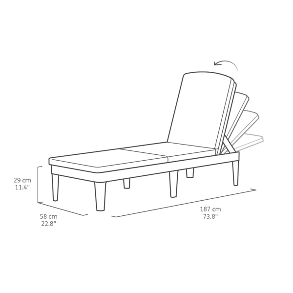 Rajzolt ábrázolású műrattan napozóágy, paraméterekkel: 187,5 cm hosszú, 58,2 cm széles és 29 cm magas. A háttámla négy pozícióban dönthető. Az ágy kényelmes párnákkal van ellátva, funkcionális és időjárásálló.