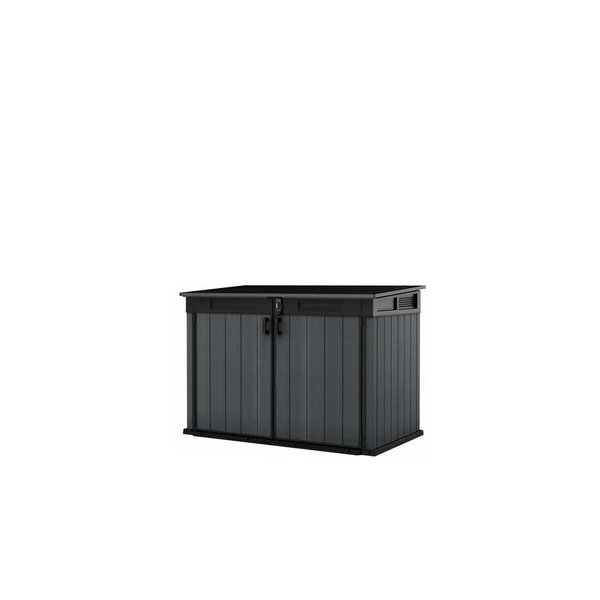 Fekete műanyag kertitároló, zárható ajtókkal és szellőzőkkel, optimalizált méretei 190,5 x 109,3 x 132,5 cm. Időjárásálló és könnyen tisztítható, fehér háttéren fotózva.