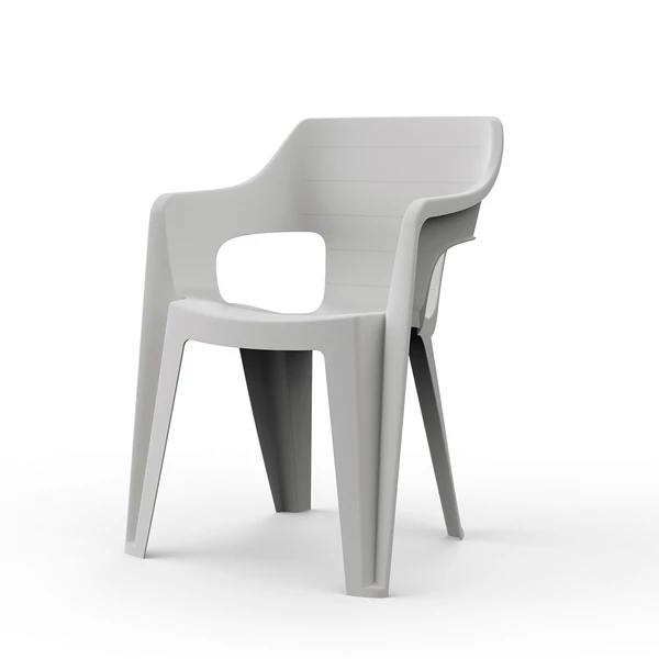 Szürke, műanyag kartámaszos kerti szék, modern dizájnnal és ergonómikus formával. Helytakarékos, egymásra rakható kialakítás, kültéri és beltéri használatra is ideális, tartós és időjárásálló. Fehér háttéren fotózva.