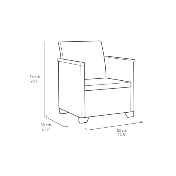 Körvonalazott rajz az 'ELODIE' műrattan kertifotel méreteiről, amely 65 cm széles, 63 cm mély és 74 cm magas. A fotel kényelmes párnákkal van felszerelve, ideális kültéri használatra.
