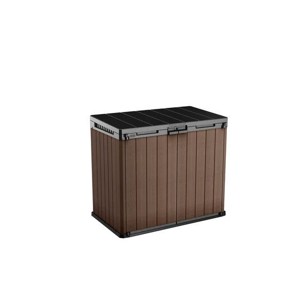 Műanyag kerti tároló, barna színű, faerezetet idéző felülettel, dupla ajtóval és nyitható tetővel. Ideális tárolási lehetőség, időjárásálló, könnyen tisztítható. Fehér háttéren fotózva.
