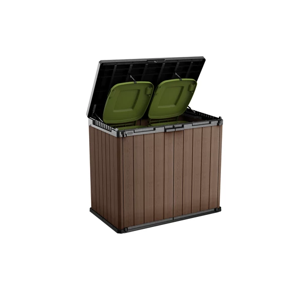 Műanyag kerti tároló 1100 literes kapacitással, barna fából ható dizájnnal, nyitható tetővel és zöld színű kukákkal, amely kényelmes tárolást biztosít a kültéri környezetben.