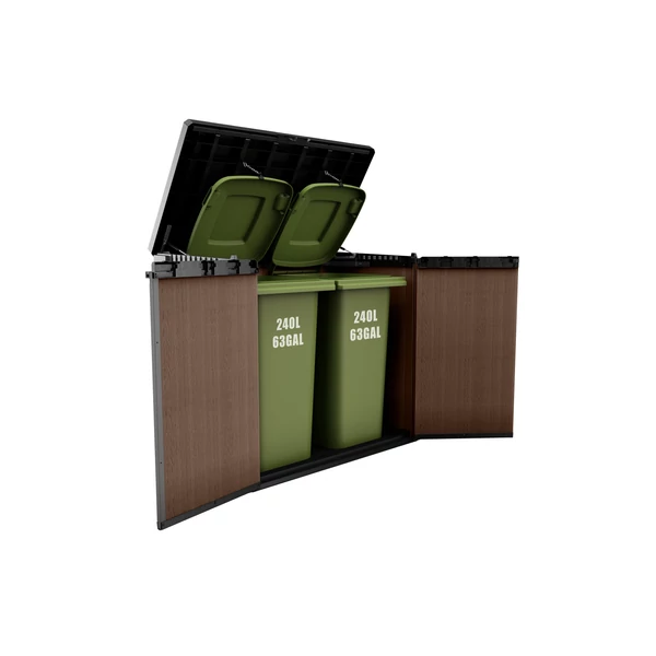 Műanyag kerti tároló, 1100 literes kapacitással, ami két zöld szeméttartályt rejt. Fát imitáló borítás, könnyen nyitható fedél és biztonsági zárszerkezet biztosítja a tárolt tárgyak védelmét. Fehér háttéren fotózva.