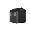 Fekete műanyag kerti ház, tetőszerkezettel és két ablakkal, modern kialakítással. Tágas belső tér nagyobb eszközök számára, ideális kertben való elhelyezésre.