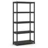 Fekete műanyag polcrendszer öt polccal, alkalmas tárolásra garázsokban vagy pincékben. Strapabíró, könnyen tisztítható, szerszámok nélkül gyorsan összeszerelhető. Ideális nagyobb tárgyak tárolására, belső használatra.