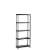 Öt polccal rendelkező fekete műanyag polcrendszer, 75 cm széles, strapabíró kialakítással és könnyen tisztítható felülettel. Ideális tárolási megoldás garázsokhoz vagy pincékhez, fehér háttéren fotózva.