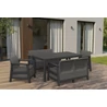Keter Scandi Linea Fiesta kerti étkezőszett grafit színben, hegyi szürke párnákkal, modern teraszon   elhelyezve.