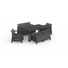 SCANDI Linea Fiesta kerti bútor szett grafit színben: két kétszemélyes kanapé, két fotel és egy étkezőasztal, stúdió hátteren.