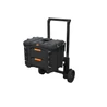 Kerekes, teleszkópos szerszámláda, fekete színben, levehető kialakítással és széles fogantyúval. 9 hüvelykes kerekek segítik a könnyű mozgást különböző terepeken, professzionális felszerelések szállítására.